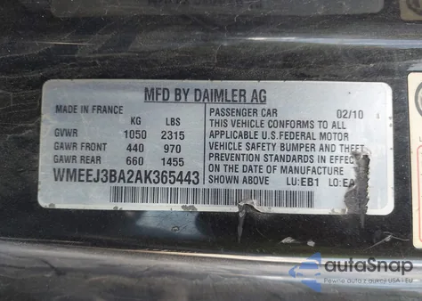 2010 Smart Fortwo Passion/Pure z USA, uszkodzony, nr VIN WMEEJ3BA2AK365443